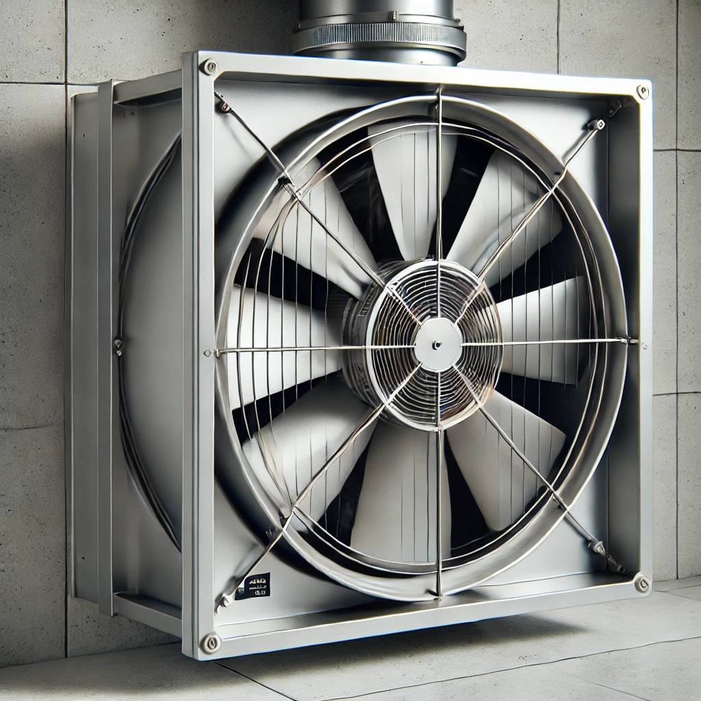 En fotorealistisk bild av en industriell axialfläkt installerad i ett ventilations- eller kylsystem. Närbild som visar fläktblad, skyddsgaller och metallhölje.